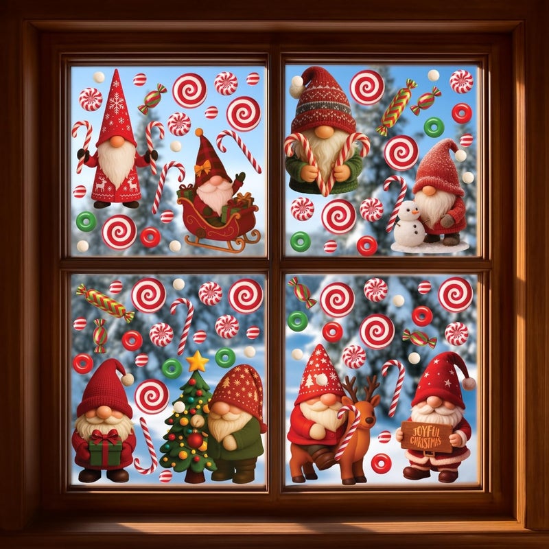 WALPLUS Christmas Window Clings Decorations Double-Sided Reusable Peel and Stick Removable for Glass Living Room Nursery Room Home Office Holiday Gnomies and Candy Delights 186 Pieces - Image 2